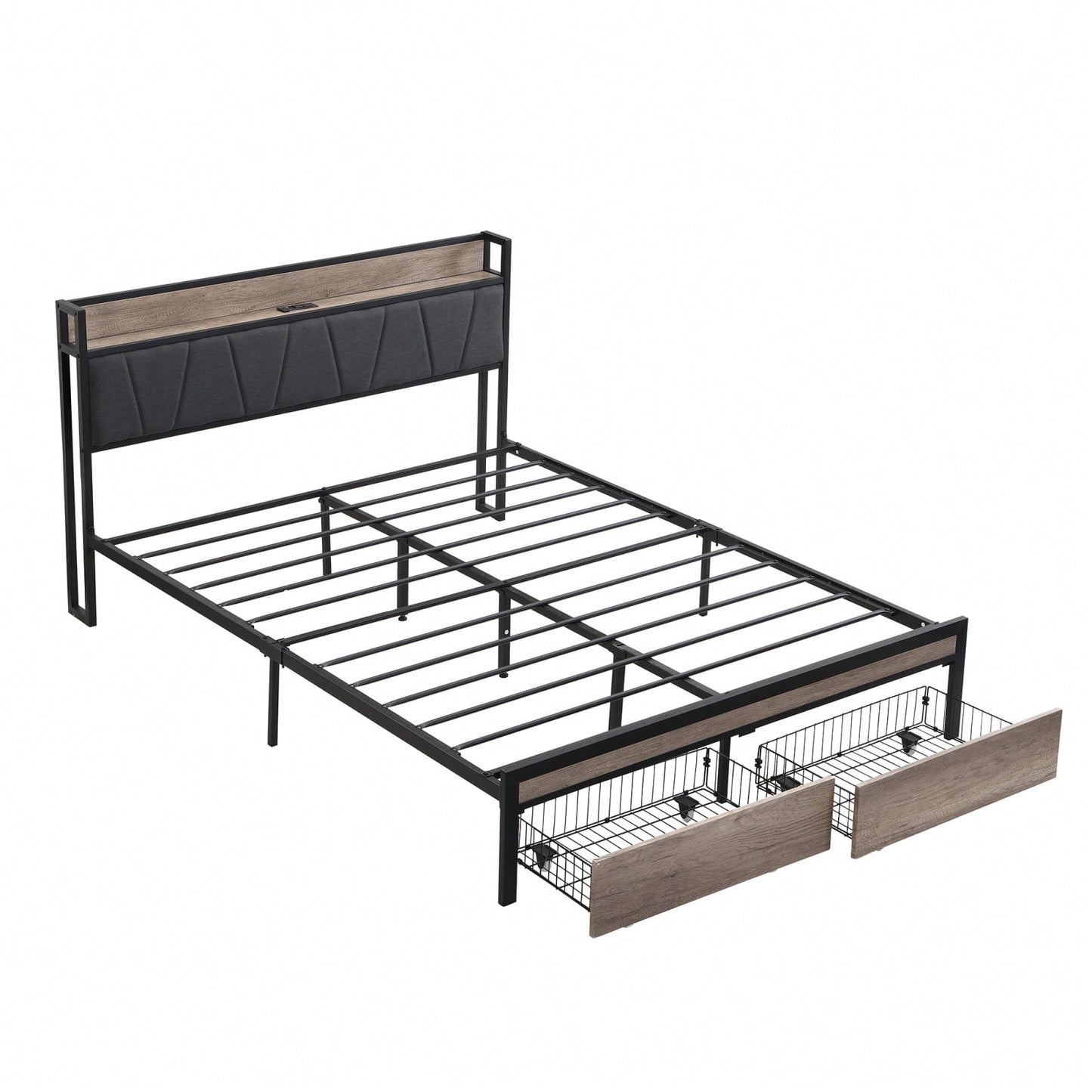 Upholstered Metal Platform Bed Frame with Storage Drawers and Headboard No Box Spring Needed Easy Assembly