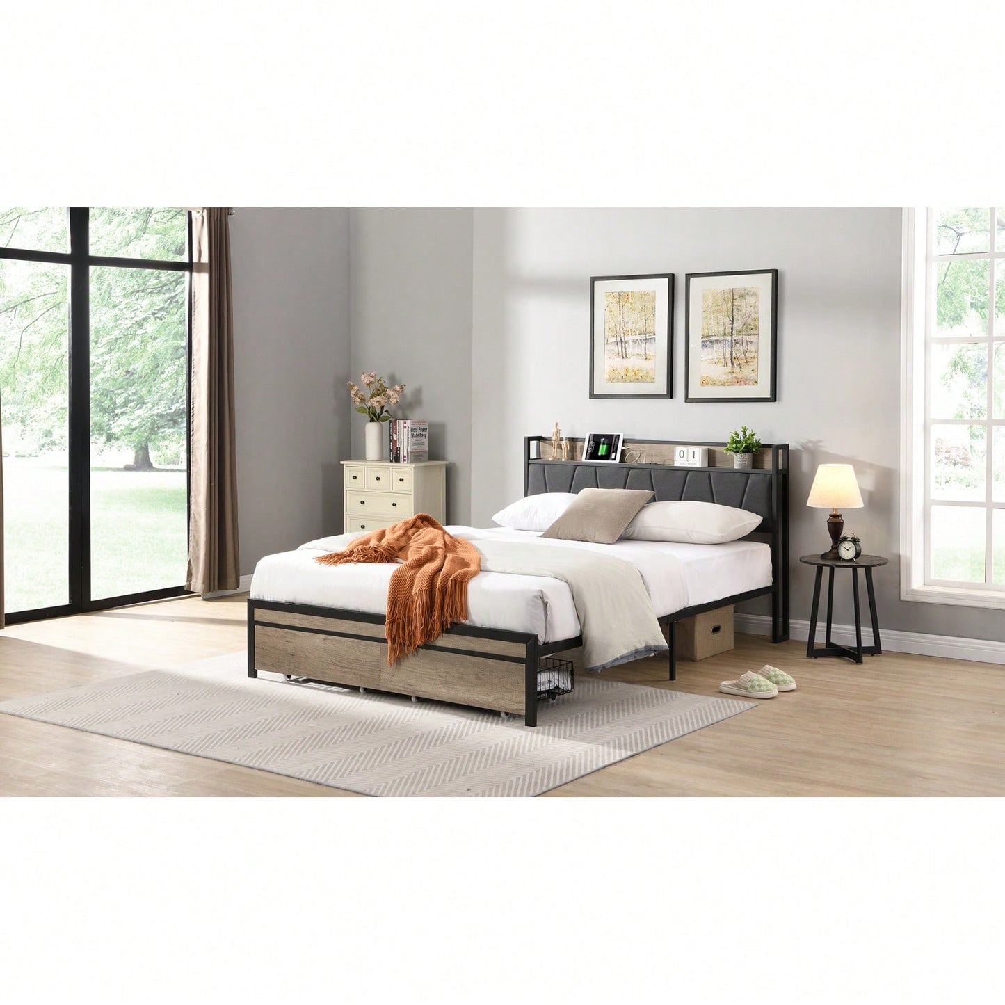 Upholstered Metal Platform Bed Frame with Storage Drawers and Headboard No Box Spring Needed Easy Assembly