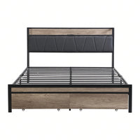 Upholstered Metal Platform Bed Frame with Storage Drawers and Headboard No Box Spring Needed Easy Assembly