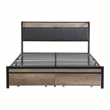 Upholstered Metal Platform Bed Frame with Storage Drawers and Headboard No Box Spring Needed Easy Assembly