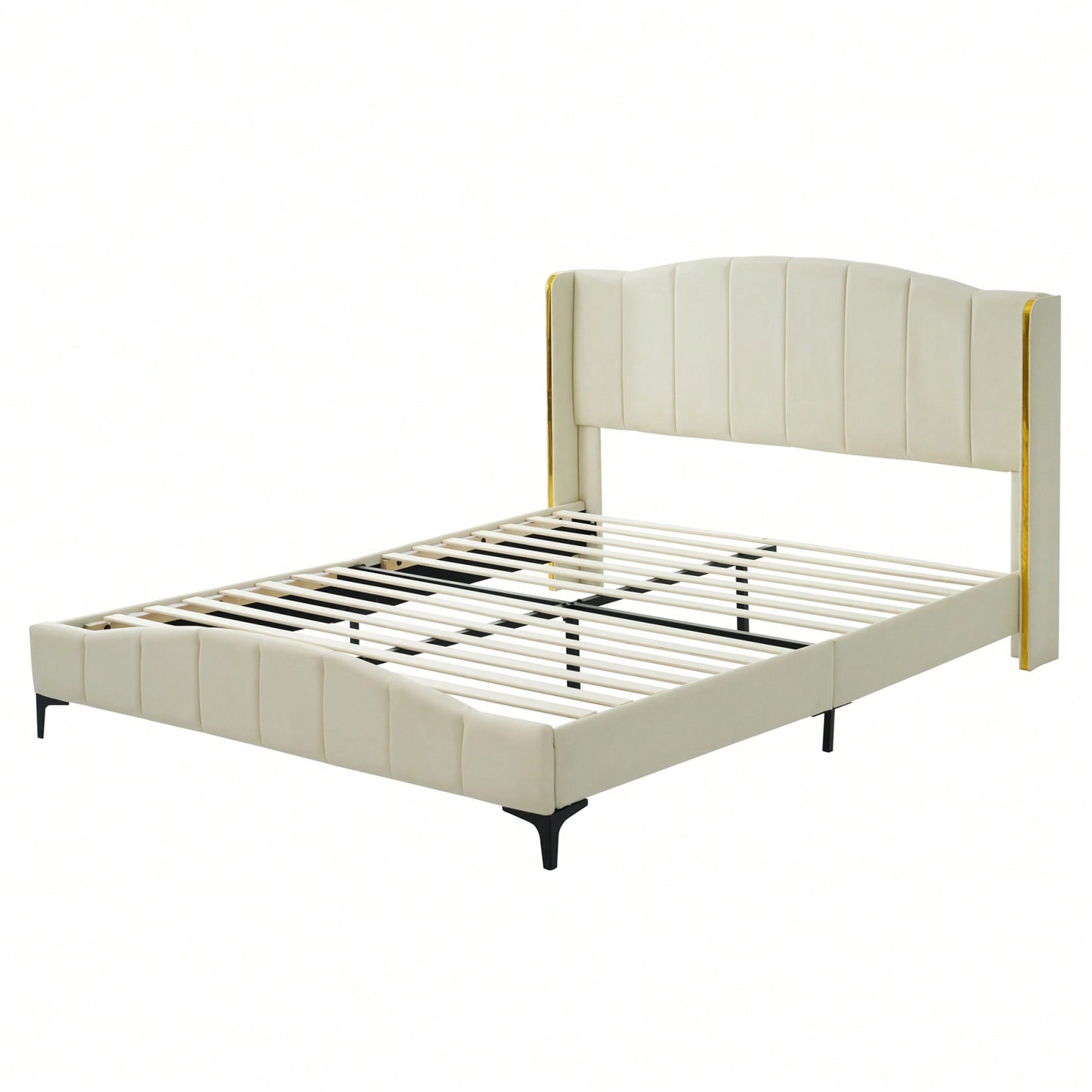 Upholstered Queen Size Platform Bed Frame with Wingback Headboard and Metal Accents Sturdy Wood Slats Easy Assembly No Box Spring Required