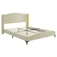 Upholstered Queen Size Platform Bed Frame with Wingback Headboard and Metal Accents Sturdy Wood Slats Easy Assembly No Box Spring Required