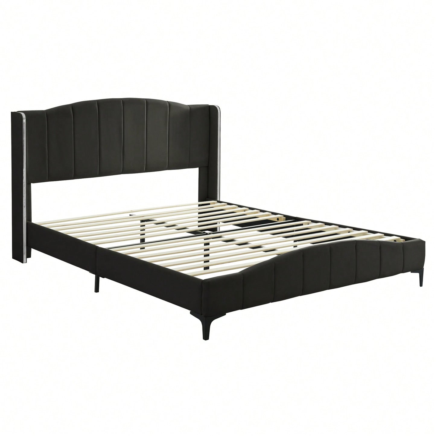 Upholstered Queen Size Platform Bed Frame with Wingback Headboard and Metal Accents Sturdy Wood Slats Easy Assembly No Box Spring Required