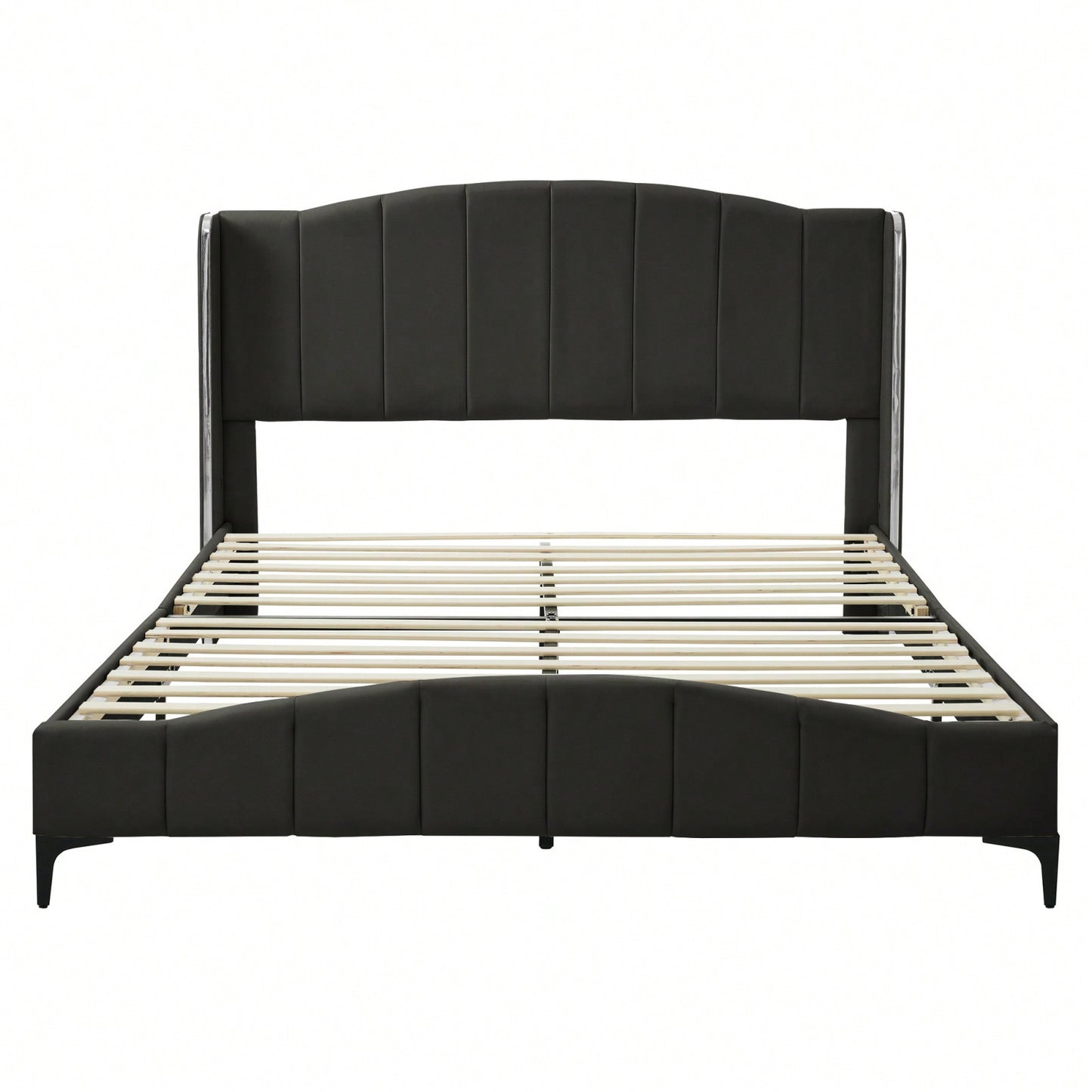 Upholstered Queen Size Platform Bed Frame with Wingback Headboard and Metal Accents Sturdy Wood Slats Easy Assembly No Box Spring Required