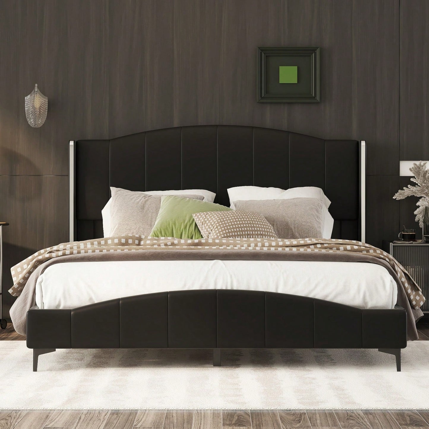 Upholstered Queen Size Platform Bed Frame with Wingback Headboard and Metal Accents Sturdy Wood Slats Easy Assembly No Box Spring Required