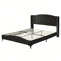 Upholstered Queen Size Platform Bed Frame with Wingback Headboard and Metal Accents Sturdy Wood Slats Easy Assembly No Box Spring Required