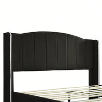 Upholstered Queen Size Platform Bed Frame with Wingback Headboard and Metal Accents Sturdy Wood Slats Easy Assembly No Box Spring Required