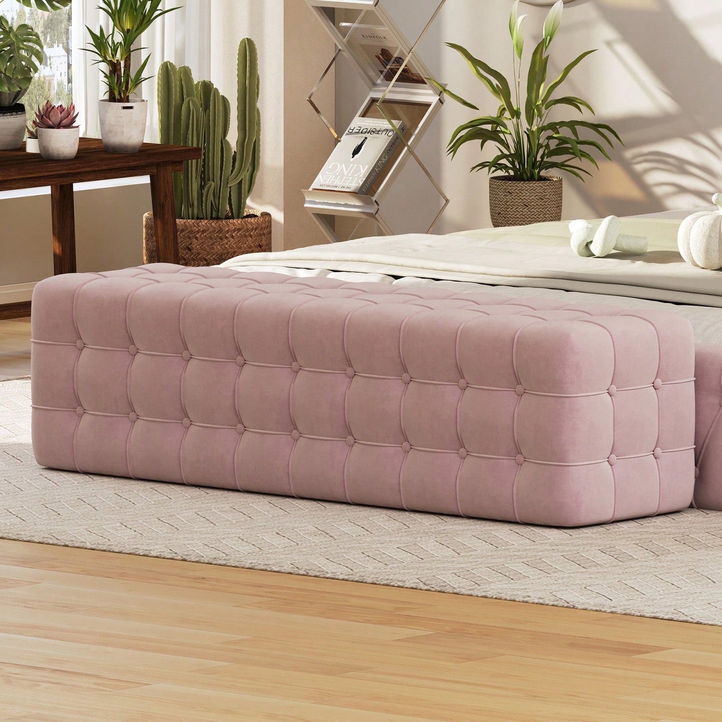 Luxurious Velvet Ottoman Footstool - Rectangular Upholstered Foot Rest For Bedroom, Living Room | Elegant Home Décor - No Assembly Required