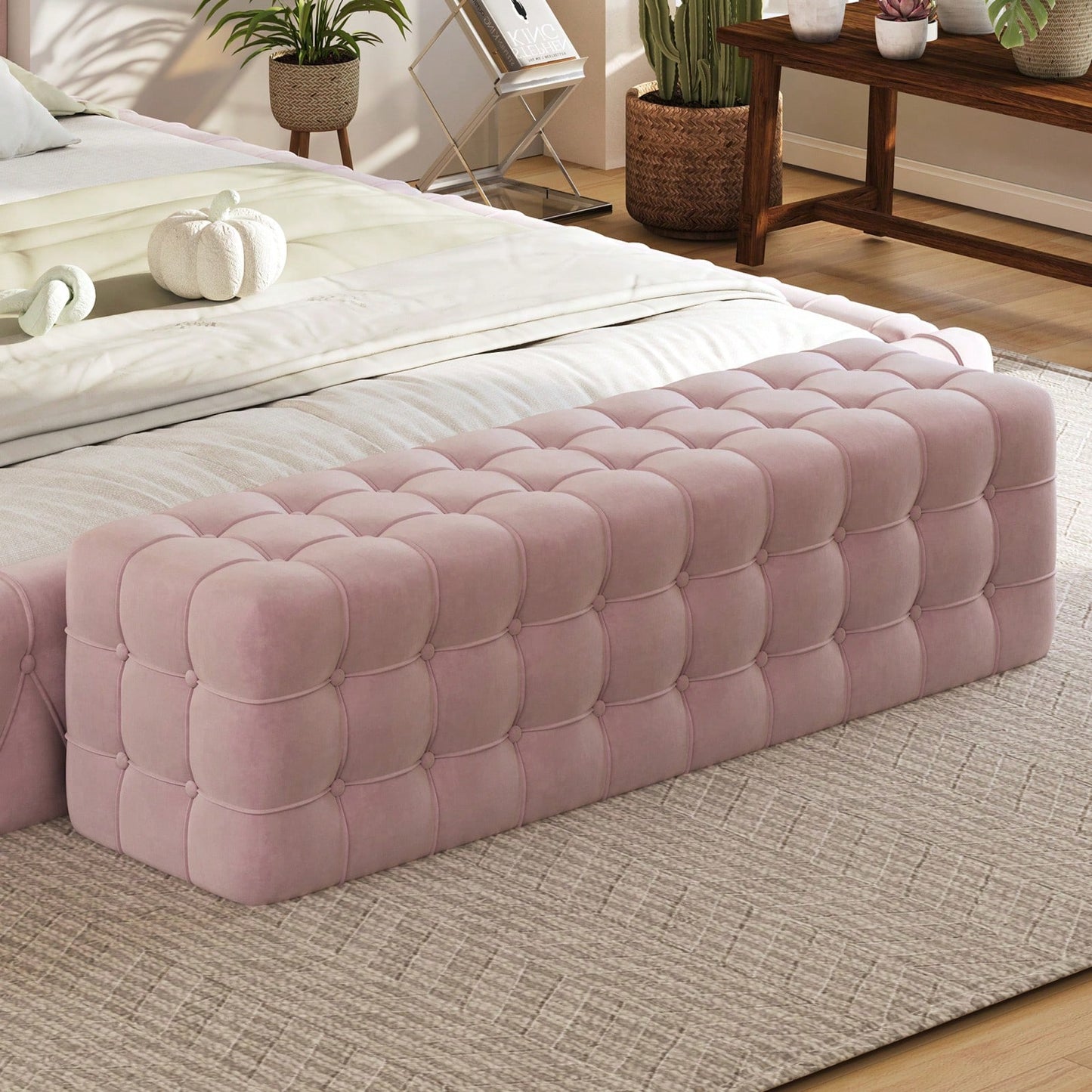 Luxurious Velvet Ottoman Footstool - Rectangular Upholstered Foot Rest For Bedroom, Living Room | Elegant Home Décor - No Assembly Required