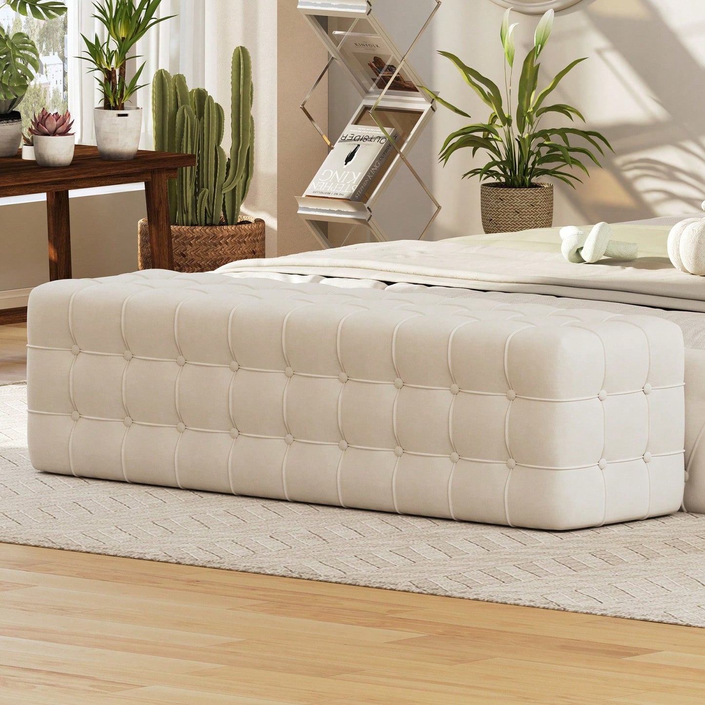Luxurious Velvet Ottoman Footstool - Rectangular Upholstered Foot Rest For Bedroom, Living Room | Elegant Home Décor - No Assembly Required