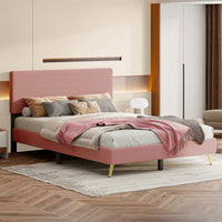 Corduroy Upholstered Queen Size Platform Bed Frame with Horizontal Stripe Headboard Sturdy Metal Frame Easy Assembly No Box Spring Needed