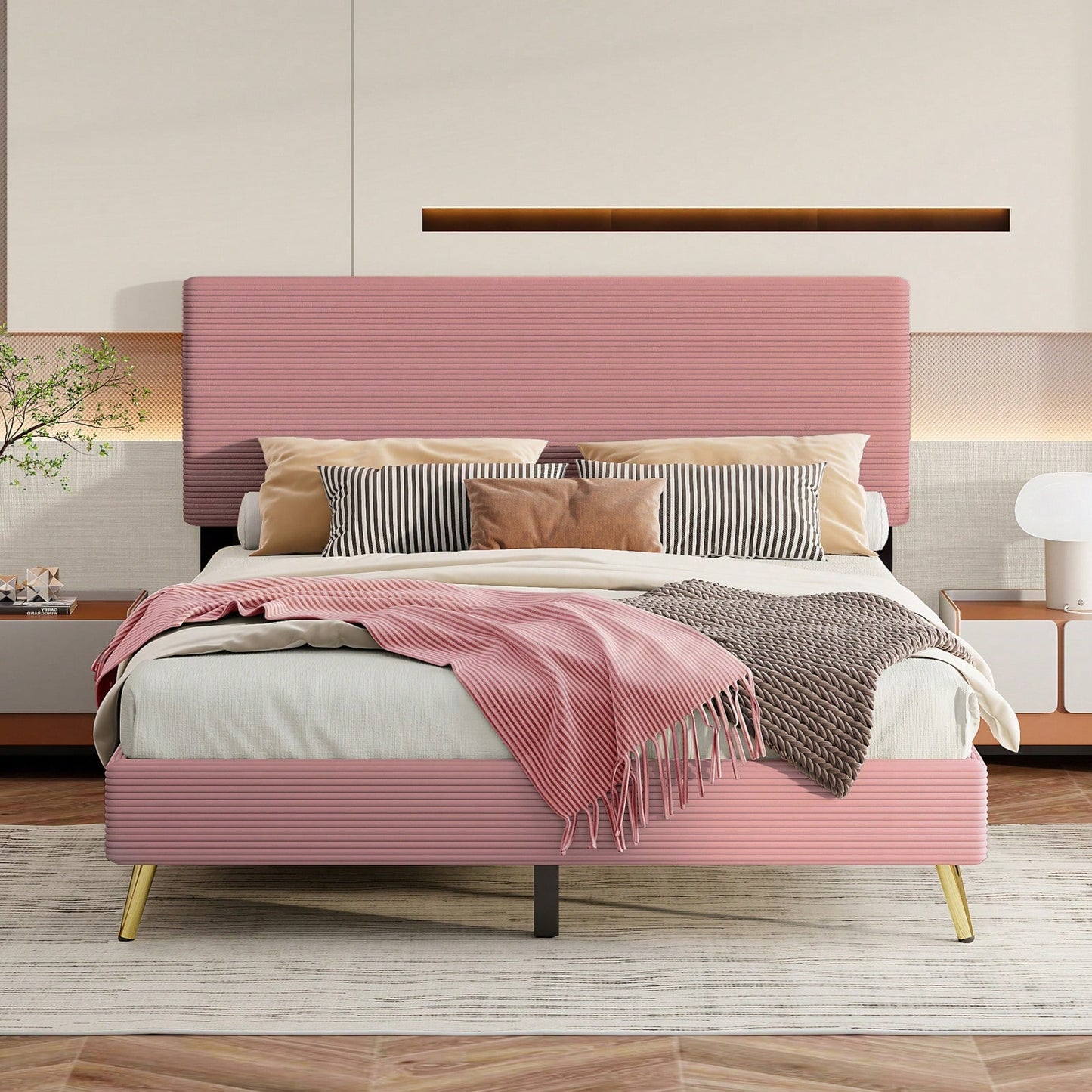 Corduroy Upholstered Queen Size Platform Bed Frame with Horizontal Stripe Headboard Sturdy Metal Frame Easy Assembly No Box Spring Needed