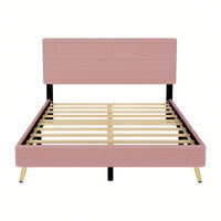 Corduroy Upholstered Queen Size Platform Bed Frame with Horizontal Stripe Headboard Sturdy Metal Frame Easy Assembly No Box Spring Needed