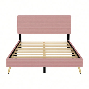 Corduroy Upholstered Queen Size Platform Bed Frame with Horizontal Stripe Headboard Sturdy Metal Frame Easy Assembly No Box Spring Needed