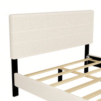 Corduroy Upholstered Queen Size Platform Bed Frame with Horizontal Stripe Headboard Sturdy Metal Frame Easy Assembly No Box Spring Needed