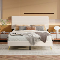 Corduroy Upholstered Queen Size Platform Bed Frame with Horizontal Stripe Headboard Sturdy Metal Frame Easy Assembly No Box Spring Needed