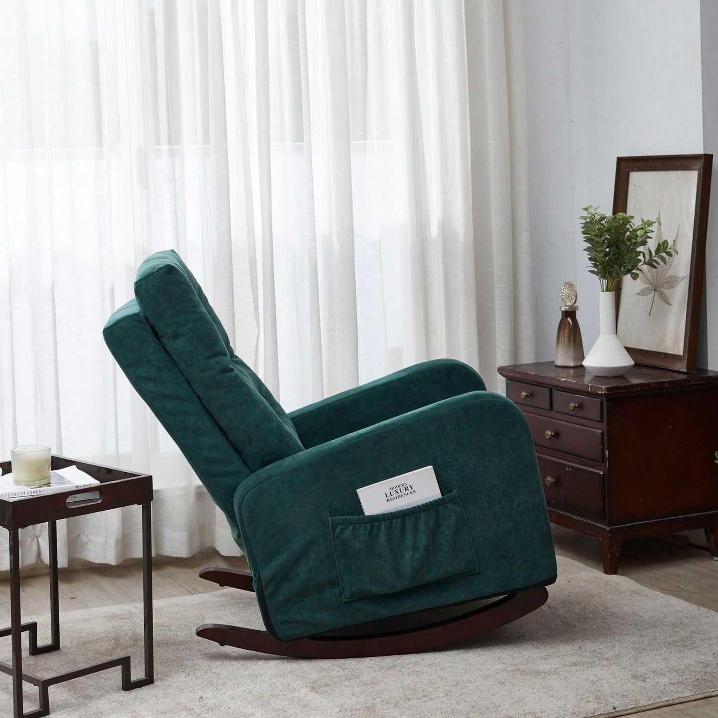 Modern High Back Accent Chair with Solid Wood Legs Comfortable Fabric Armchair for Living Room Bedroom Reading Supports 300lbs