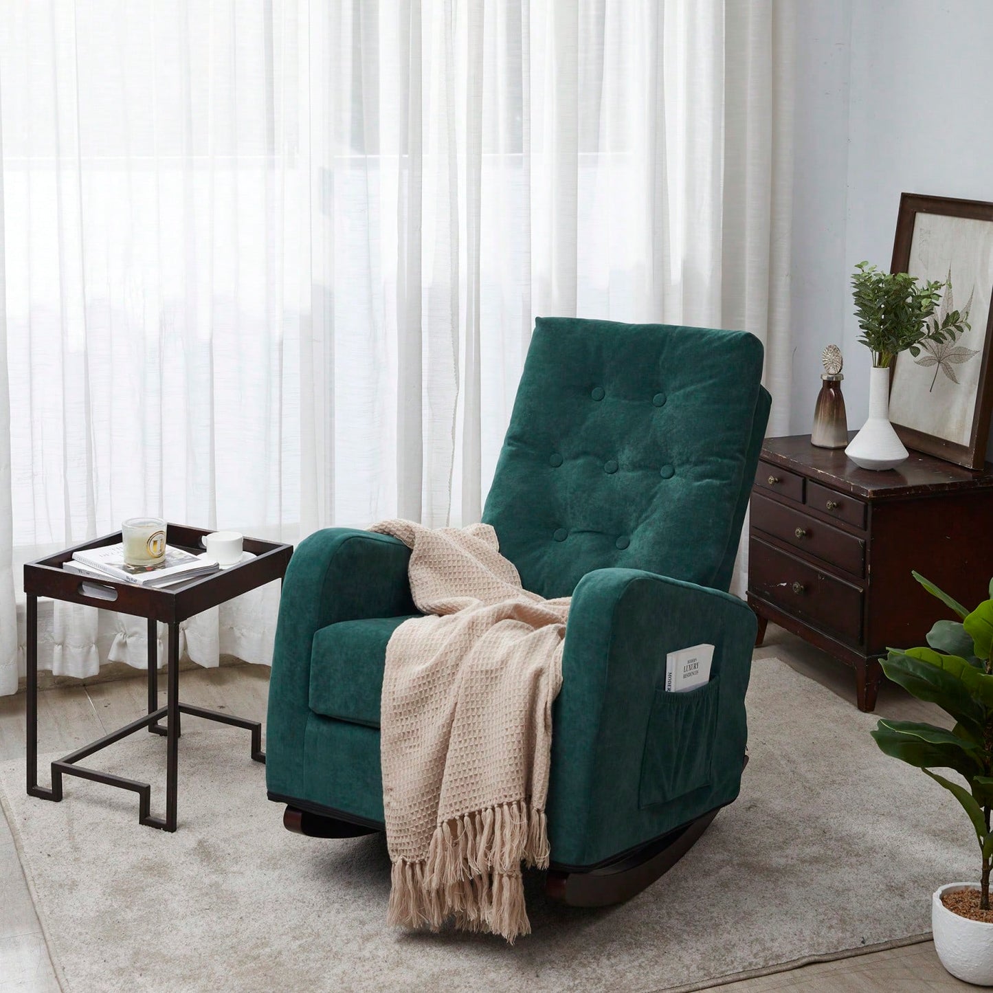 Modern High Back Accent Chair with Solid Wood Legs Comfortable Fabric Armchair for Living Room Bedroom Reading Supports 300lbs