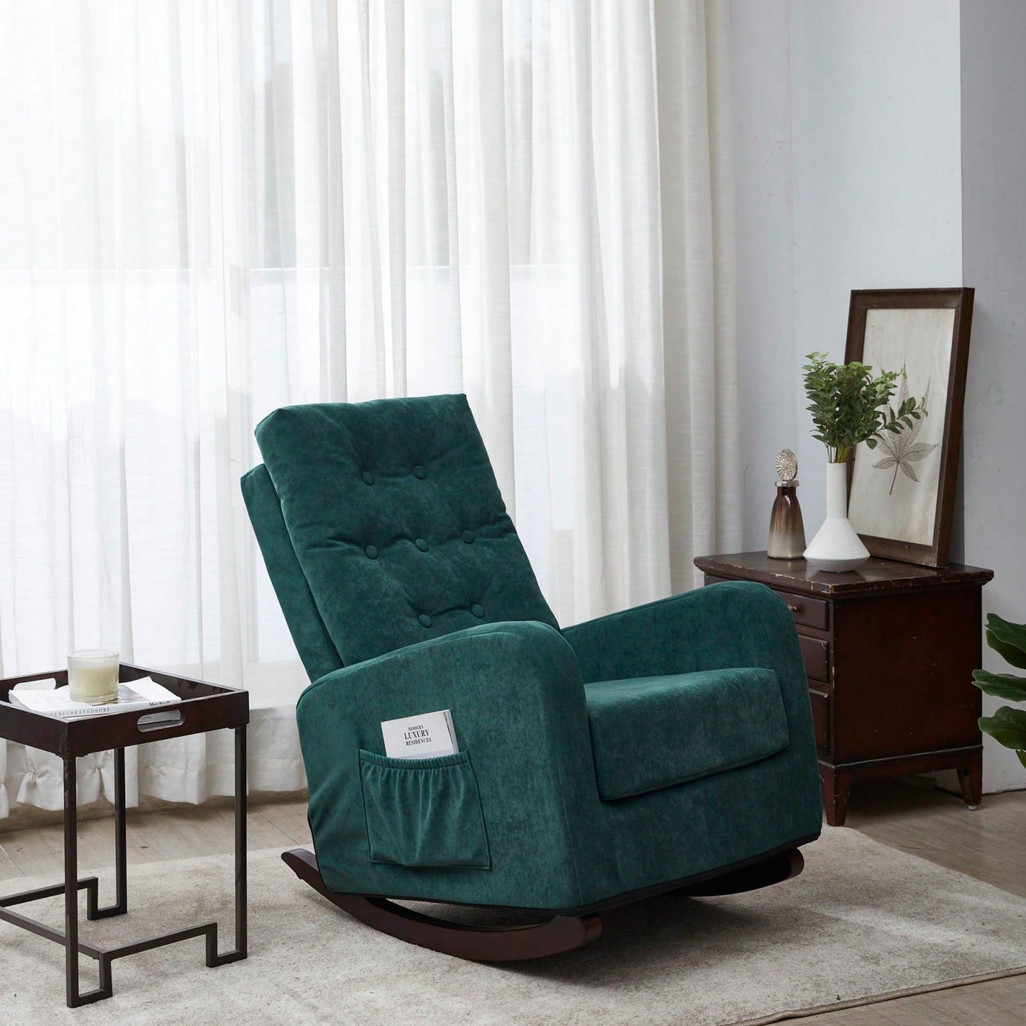 Modern High Back Accent Chair with Solid Wood Legs Comfortable Fabric Armchair for Living Room Bedroom Reading Supports 300lbs