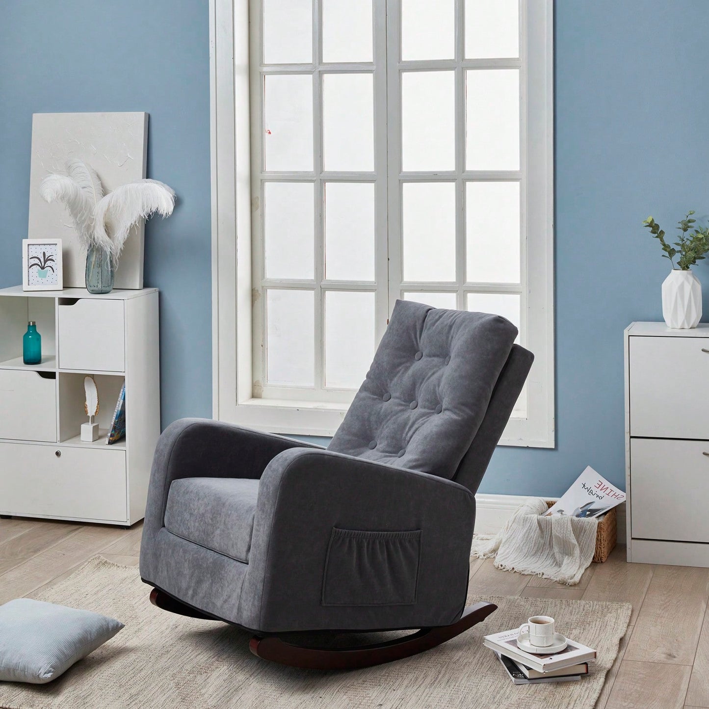 Modern High Back Accent Chair with Solid Wood Legs Comfortable Fabric Armchair for Living Room Bedroom Reading Supports 300lbs