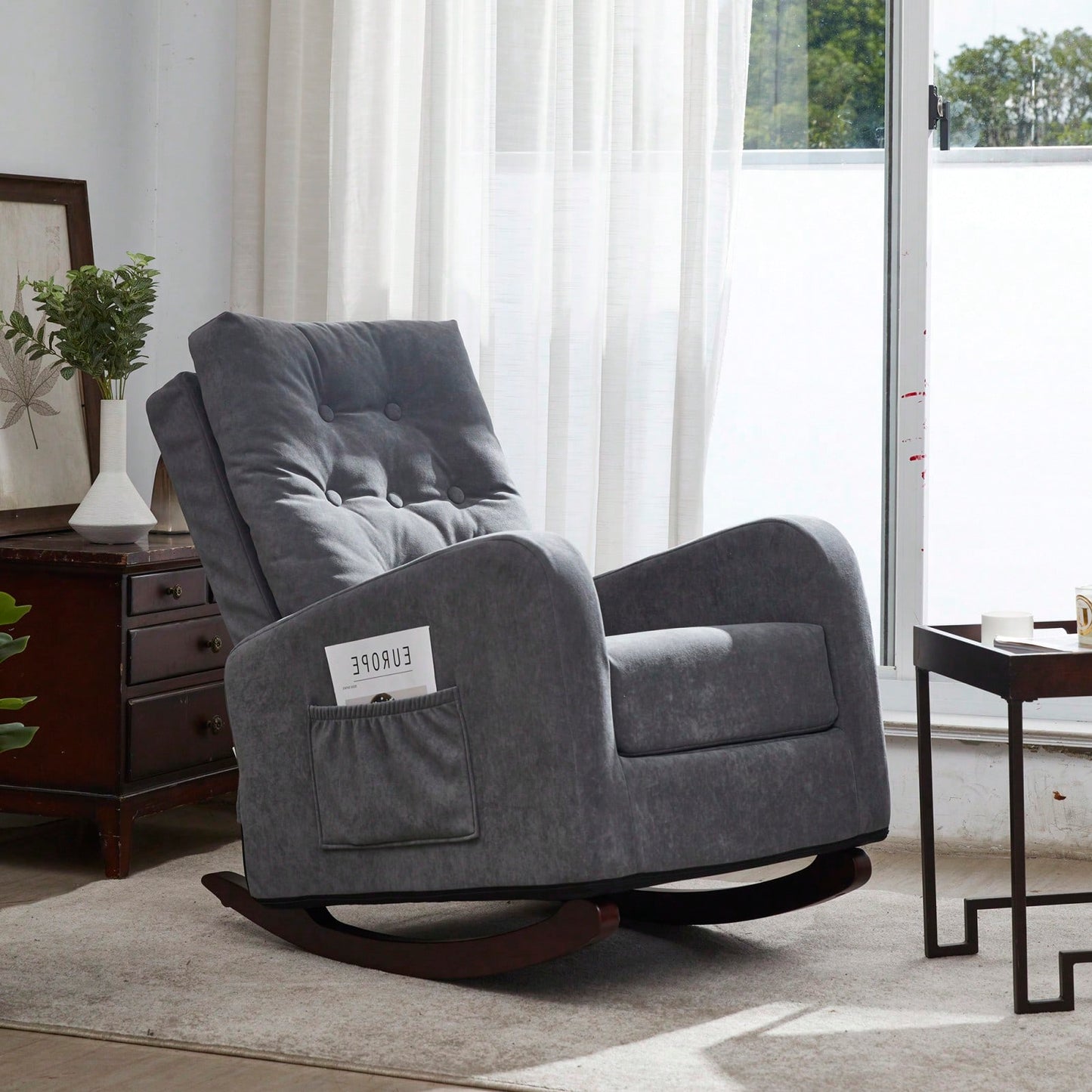 Modern High Back Accent Chair with Solid Wood Legs Comfortable Fabric Armchair for Living Room Bedroom Reading Supports 300lbs