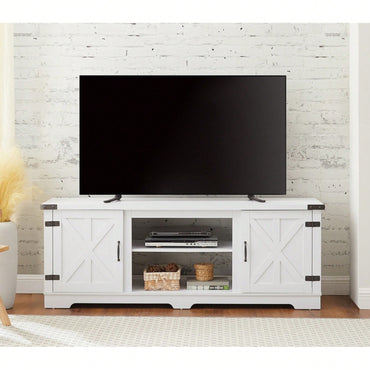 Rustic 70 Inch Modern Farmhouse TV Stand with Open Shelves and Adjustable Storage in White