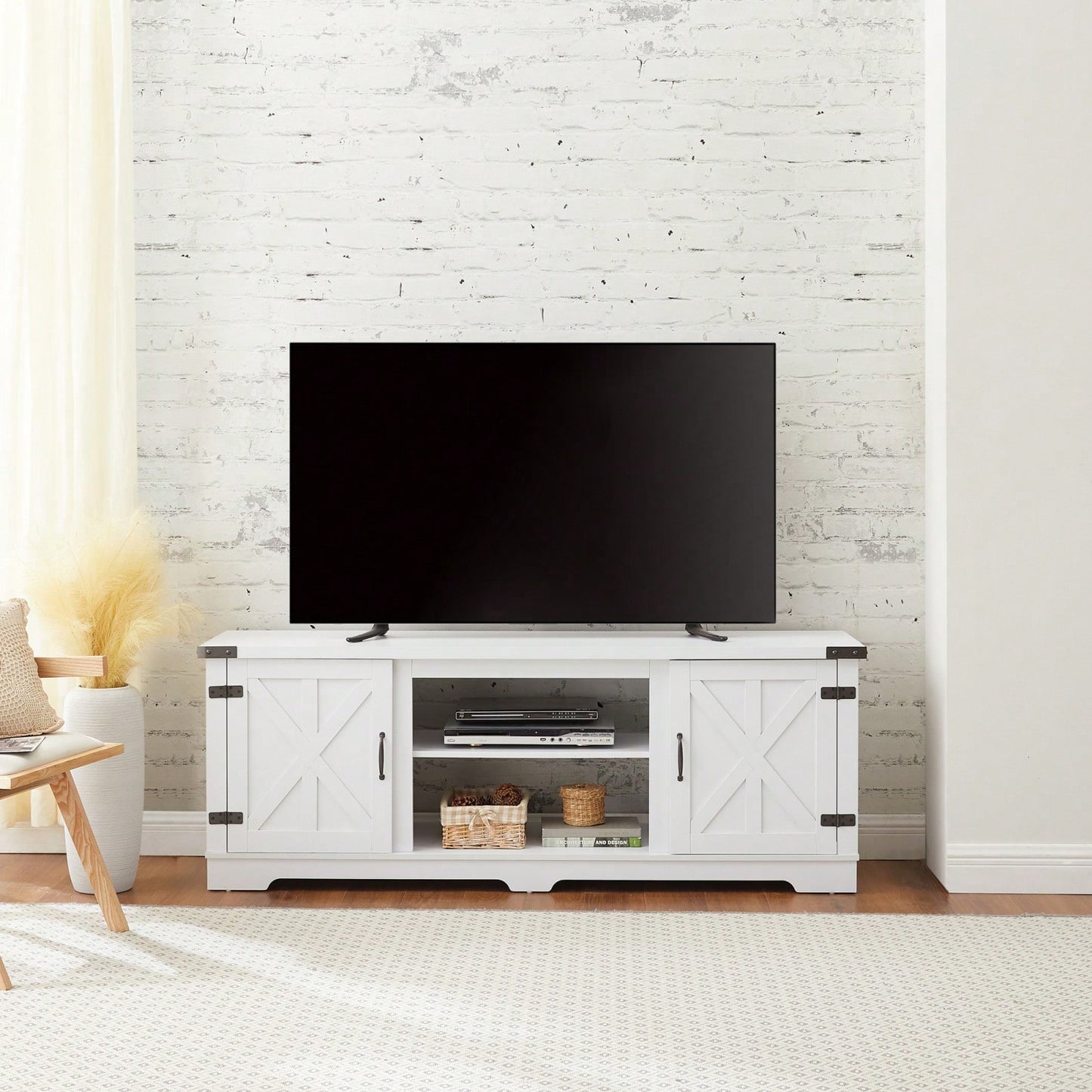 Rustic 70 Inch Modern Farmhouse TV Stand with Open Shelves and Adjustable Storage in White