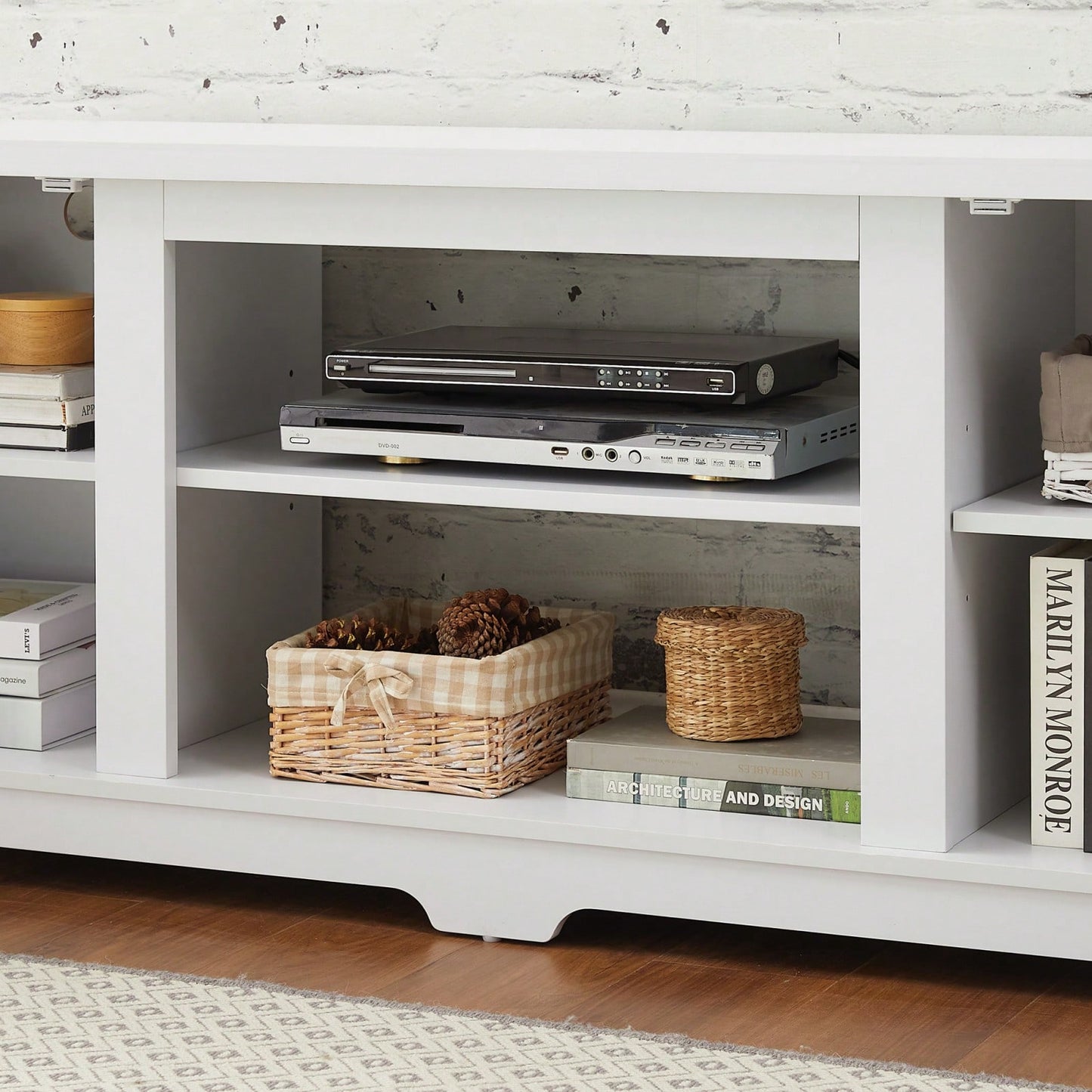 Rustic 70 Inch Modern Farmhouse TV Stand with Open Shelves and Adjustable Storage in White