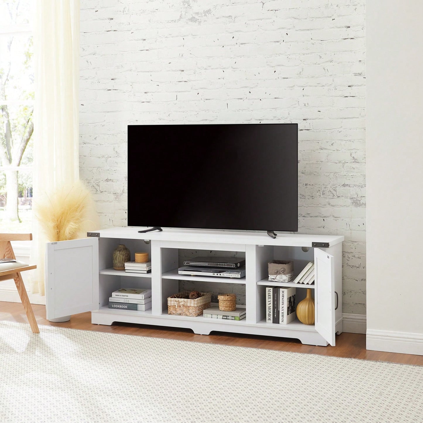 Rustic 70 Inch Modern Farmhouse TV Stand with Open Shelves and Adjustable Storage in White