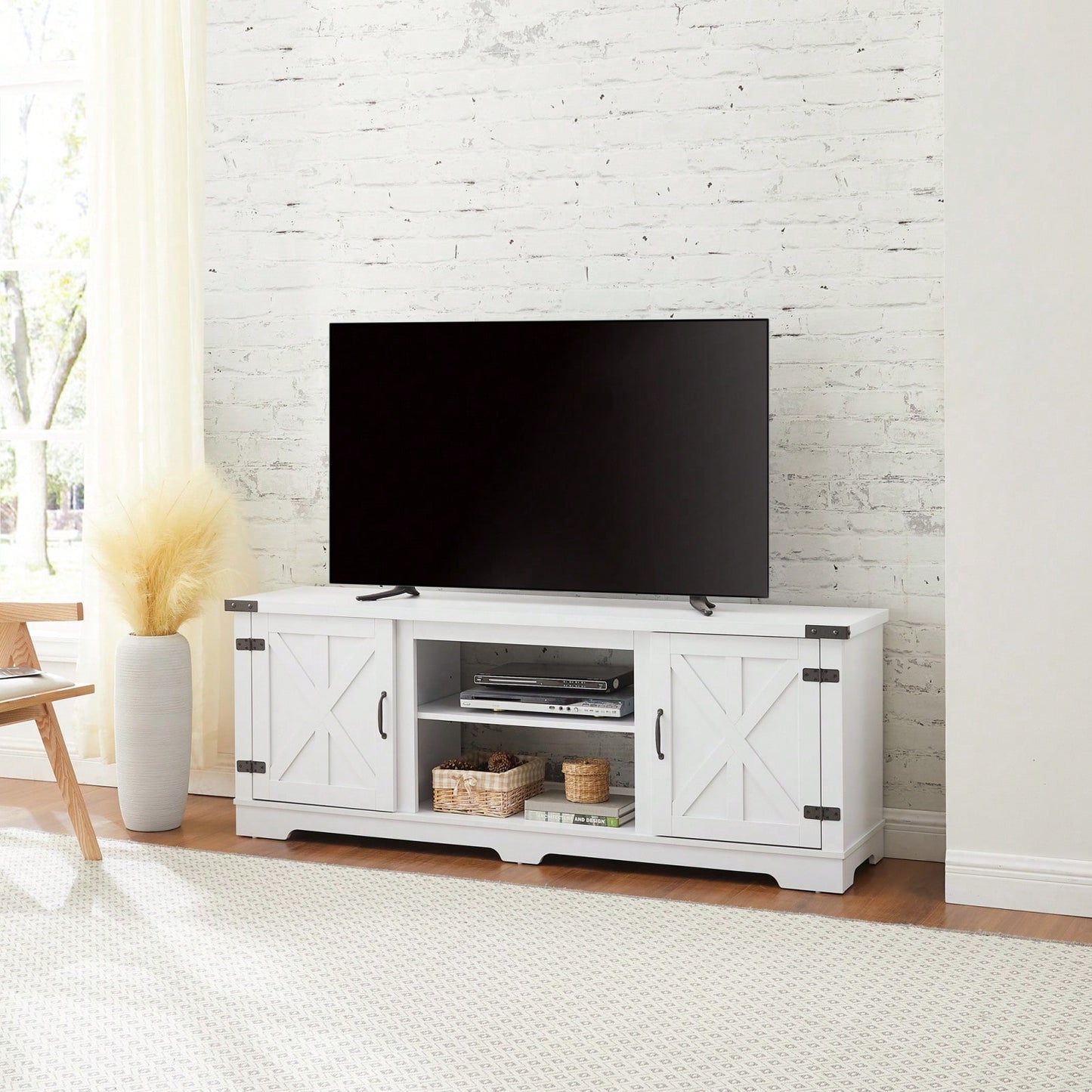 Rustic 70 Inch Modern Farmhouse TV Stand with Open Shelves and Adjustable Storage in White