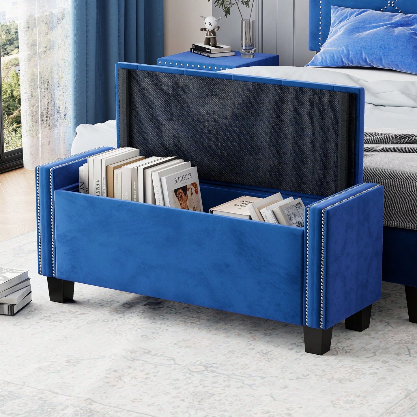 Velvet Storage Ottoman Bench For Bedroom, End Of Bed Storage Chest With Tufted Lid & Rivet Detail, Upholstered Footrest Stool