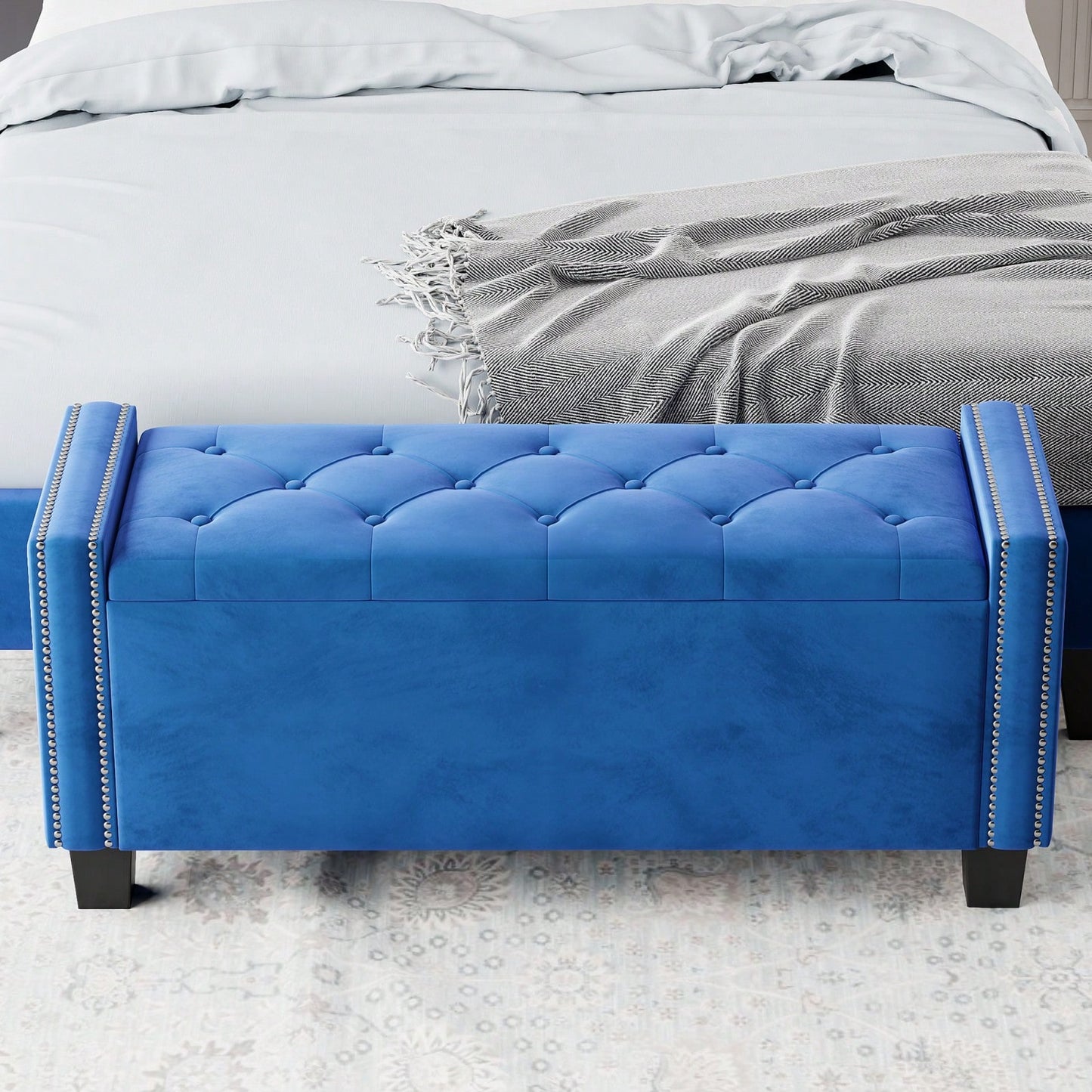 Velvet Storage Ottoman Bench For Bedroom, End Of Bed Storage Chest With Tufted Lid & Rivet Detail, Upholstered Footrest Stool