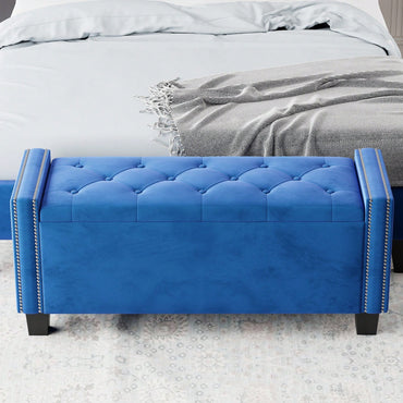 Velvet Storage Ottoman Bench For Bedroom, End Of Bed Storage Chest With Tufted Lid & Rivet Detail, Upholstered Footrest Stool