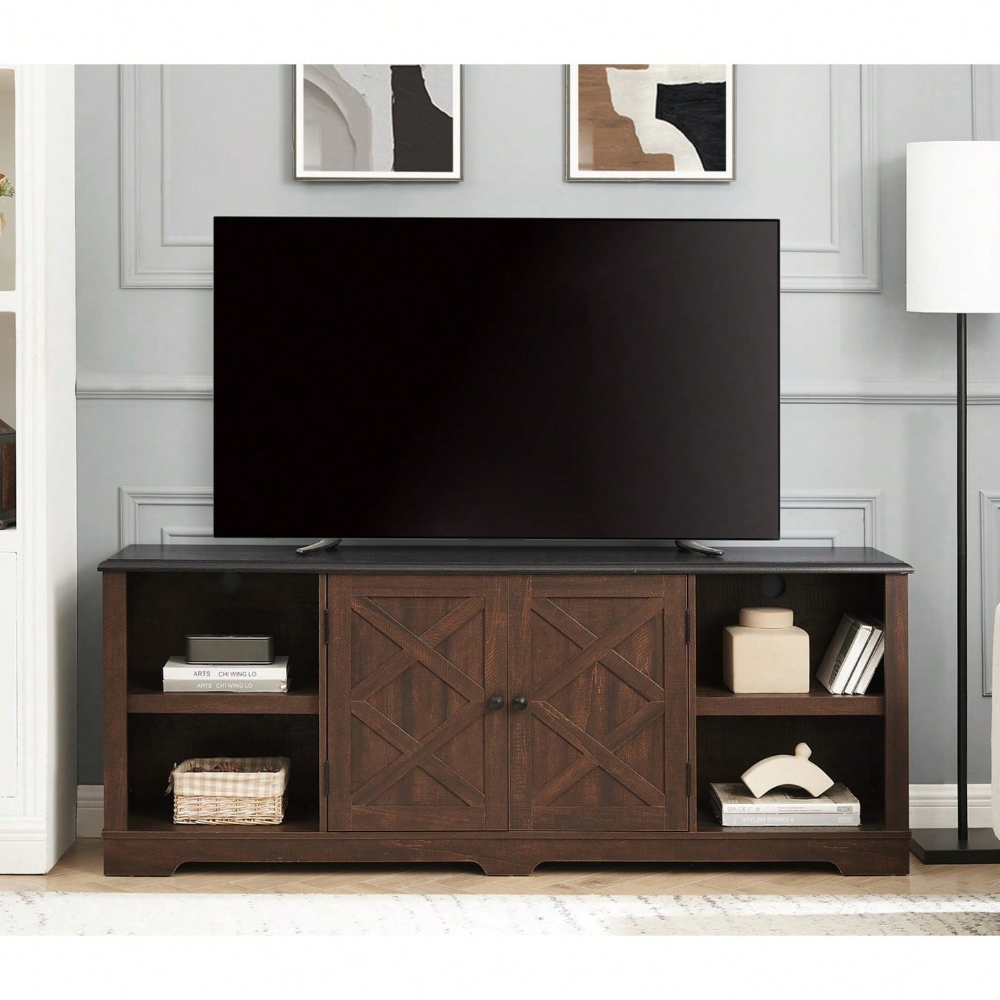Large Barn Inspired Home Entertainment Console, For TV Up To 80'', With Open Shelves And Closed Cabinets