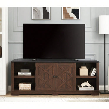 Large Barn Inspired Home Entertainment Console, For TV Up To 80'', With Open Shelves And Closed Cabinets