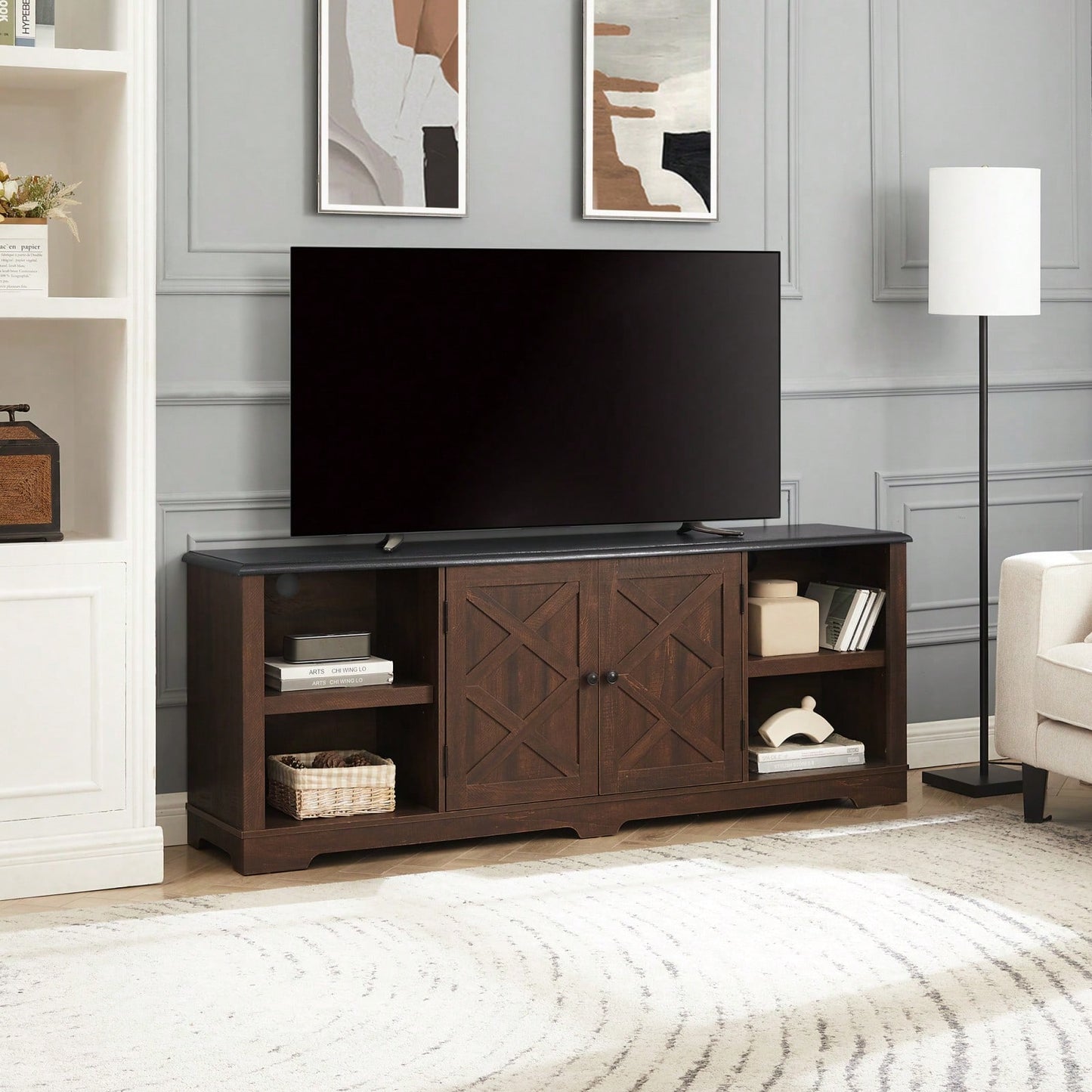 Large Barn Inspired Home Entertainment Console, For TV Up To 80'', With Open Shelves And Closed Cabinets