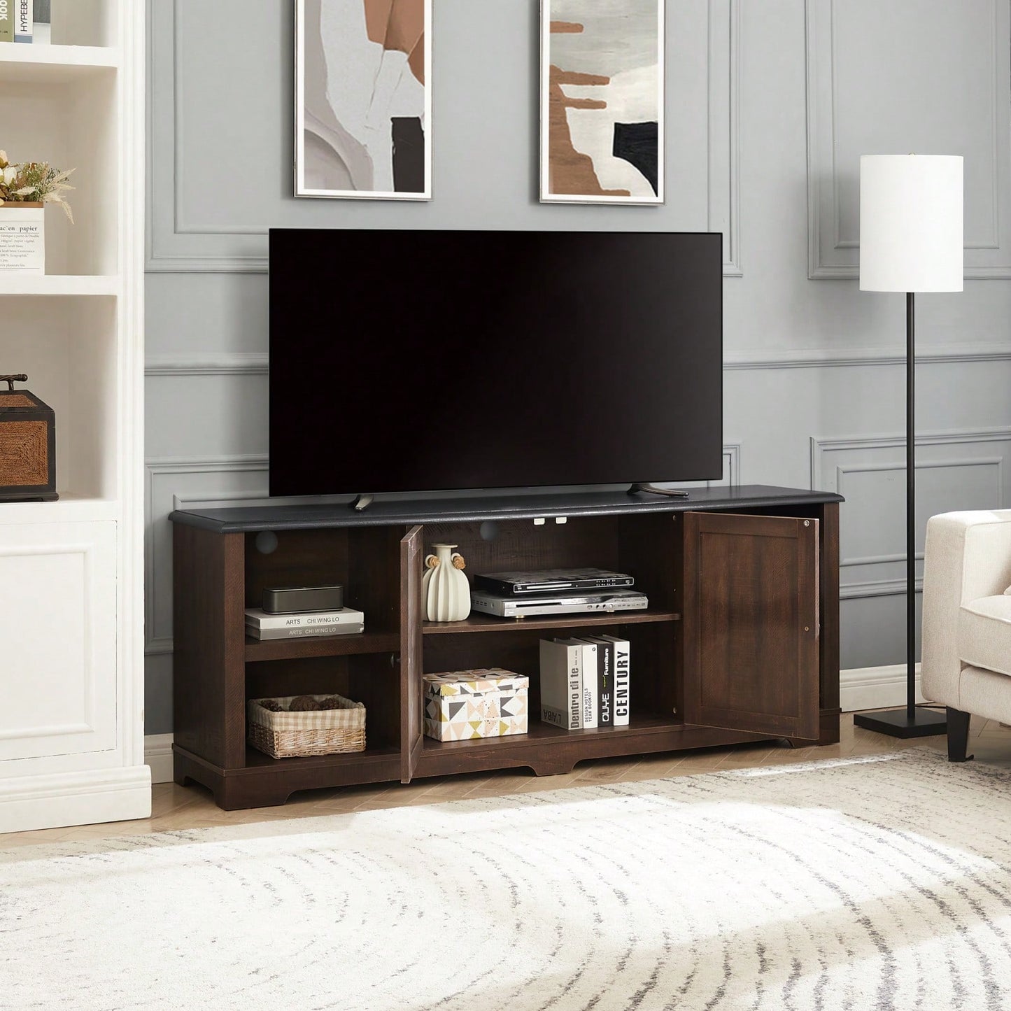 Large Barn Inspired Home Entertainment Console, For TV Up To 80'', With Open Shelves And Closed Cabinets
