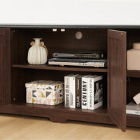 Large Barn Inspired Home Entertainment Console, For TV Up To 80'', With Open Shelves And Closed Cabinets