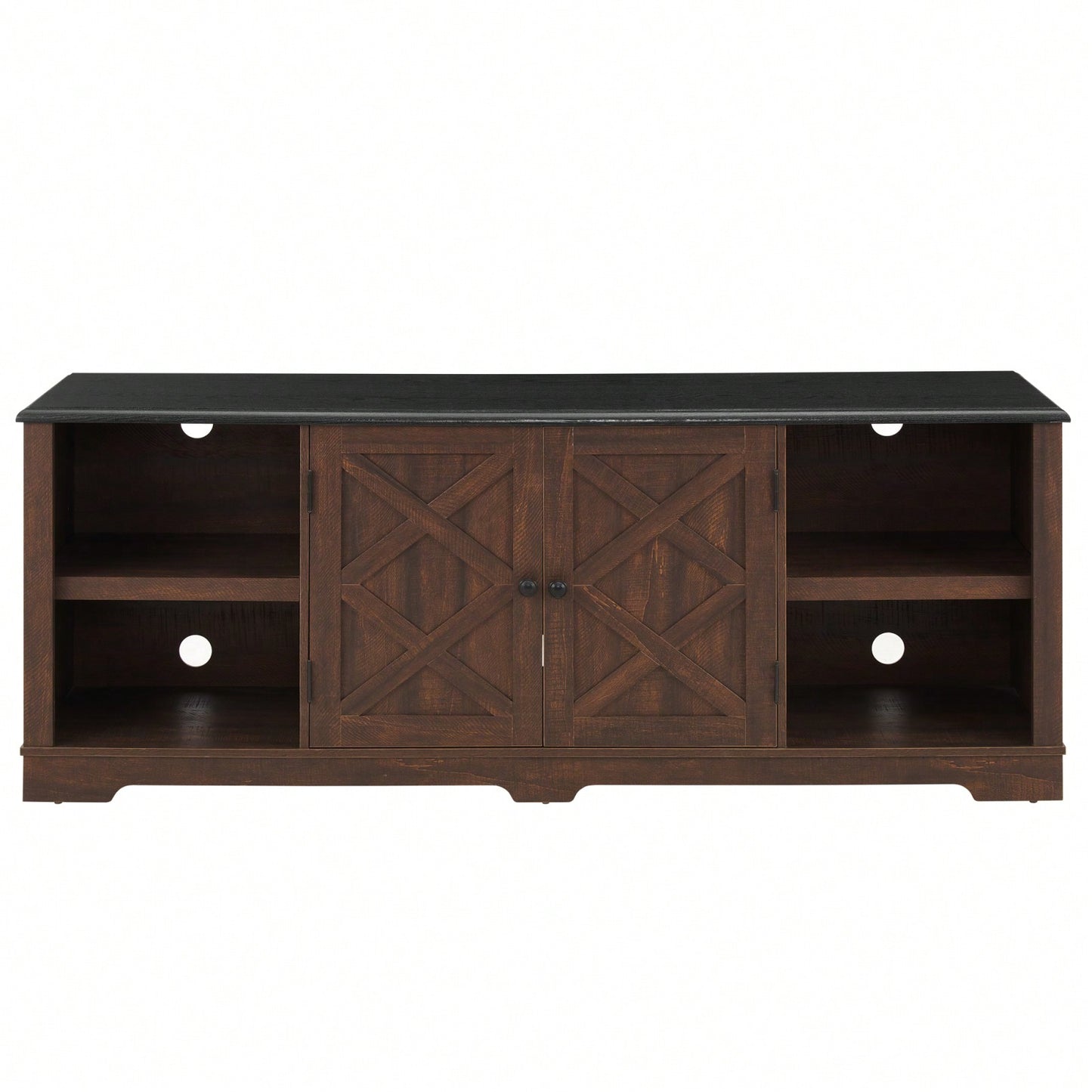 Large Barn Inspired Home Entertainment Console, For TV Up To 80'', With Open Shelves And Closed Cabinets