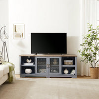 Spacious Farmhouse TV Stand for 80 Inch TVs with Open Shelves Glass Doors and Adjustable Storage in Light Blue and Oak