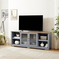 Spacious Farmhouse TV Stand for 80 Inch TVs with Open Shelves Glass Doors and Adjustable Storage in Light Blue and Oak