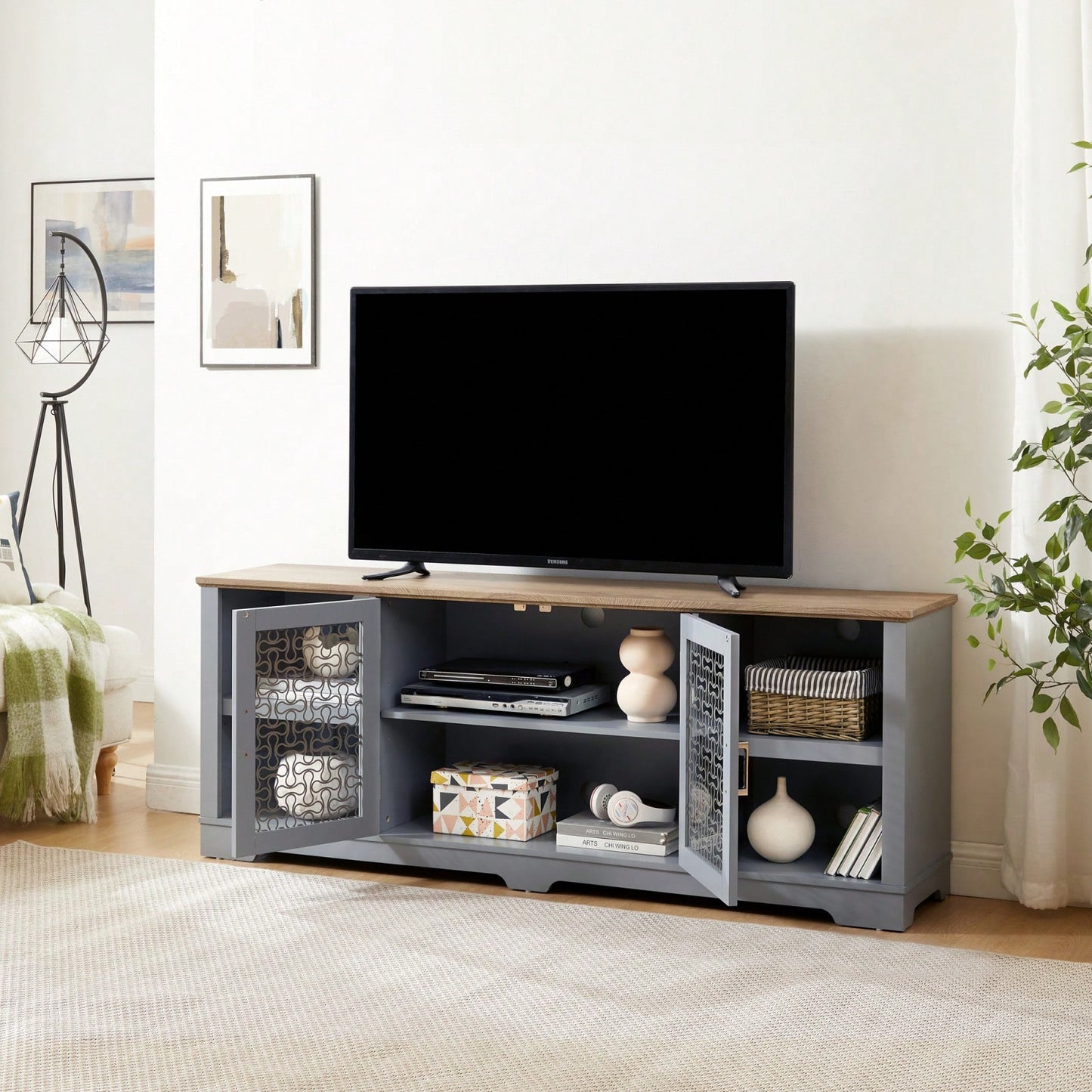 Spacious Farmhouse TV Stand for 80 Inch TVs with Open Shelves Glass Doors and Adjustable Storage in Light Blue and Oak