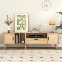 Spacious Rattan TV Stand for 80 Inch TVs with Storage Cabinets and Open Shelves - Stylish Media Console for Living Room and Home Theater