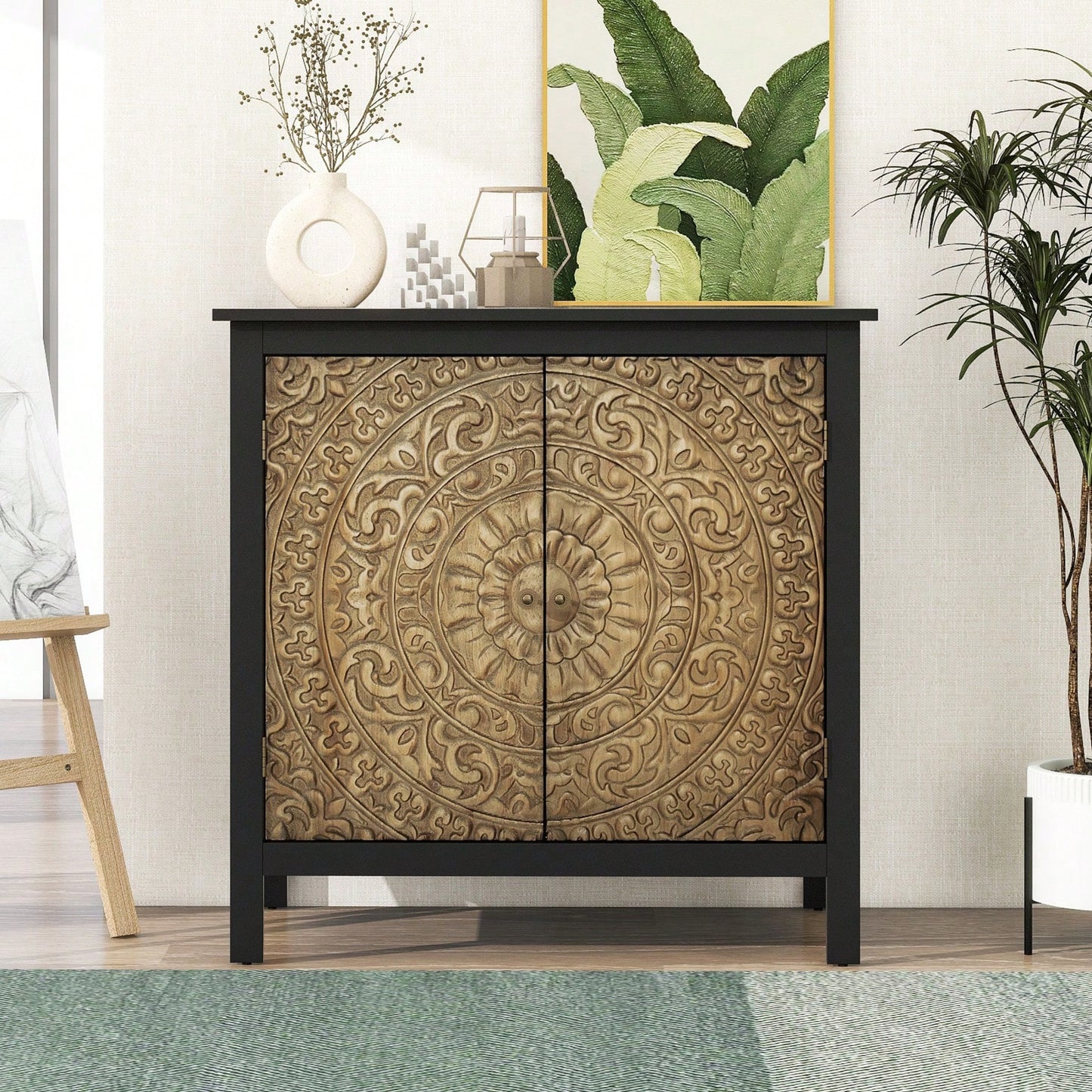 2-Door Storage Cabinet With Adjustable Shelf, Solid Wood Accent, Anti-Tip Design, Bronze Hinges For Bedroom, Living Room, Study