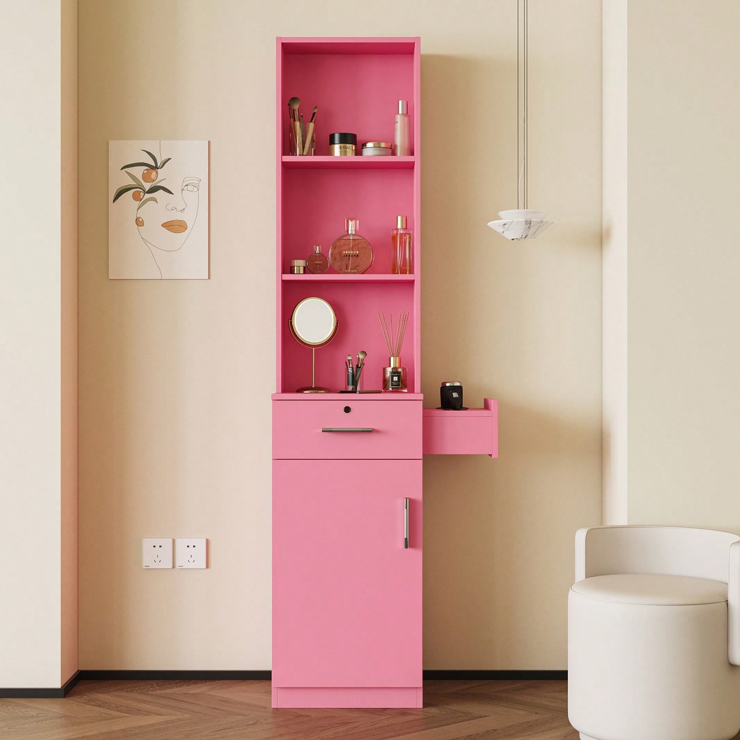 Pink Modern Makeup Vanity Desk with Storage Multi-Layer Dressing Table for Bedroom and Bathroom with Drawers and Hair Dryer Holes