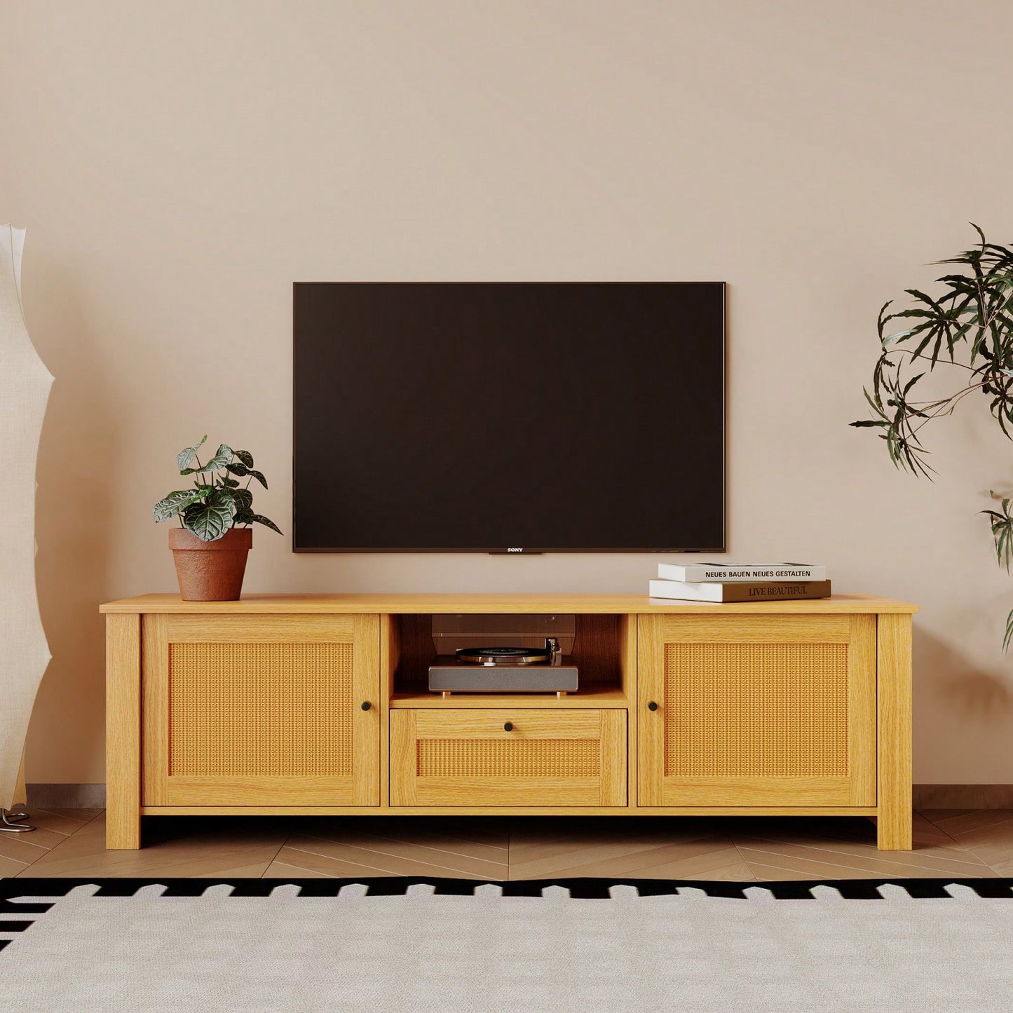 Rustic 59 Inch Farmhouse TV Stand with Storage Doors and Open Shelves for Living Room Entertainment Center