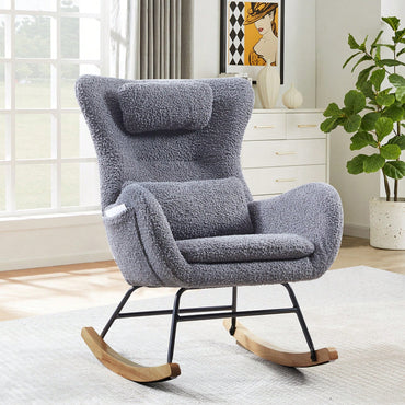 Ergonomic High Back Rocking Chair with Headrest Cushion Upholstered Cashmere Fabric Solid Wood Legs Modern Nursery Accent Chair