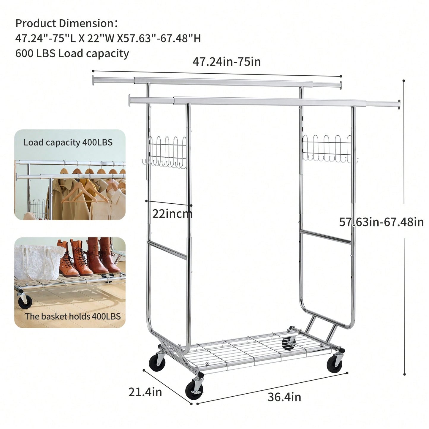 Heavy Duty Adjustable Rolling Garment Rack with Shelves 800lb Capacity Collapsible for Costumes and Decor