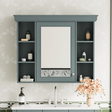 Modern Wall Mounted Bathroom Cabinet with Mirror Door and 6 Open Shelves 35x28 Inches