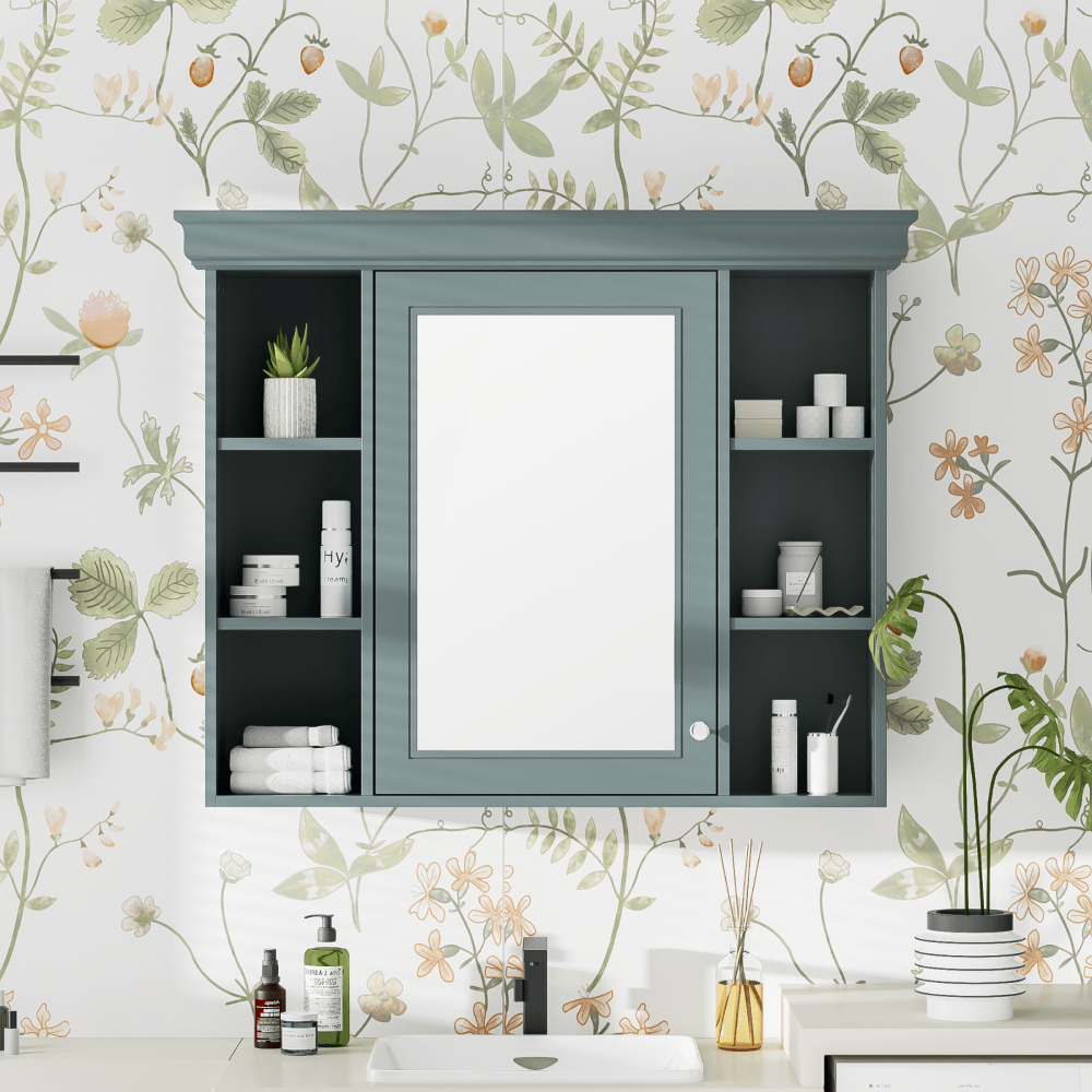 Modern Wall Mounted Bathroom Cabinet with Mirror Door and 6 Open Shelves 35x28 Inches